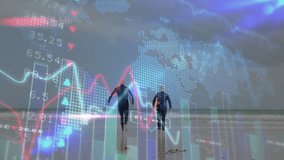 Running on beach, two people with financial data and graphs animation overlay. Finance, teamwork, collaboration, active lifestyle, analytics, dynamic - Powered by Shutterstock - Get 15% off with code: PIKWIZARD15