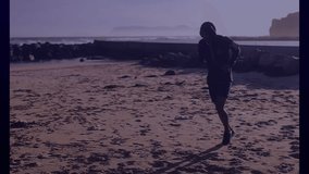 Jogging on beach, person with digital data overlay in background. Fitness, exercise, technology, health, running, analytics - Powered by Shutterstock - Get 15% off with code: PIKWIZARD15
