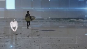 Surfer on beach with global financial data and world map overlay animation. Surfing, finance, globalization, technology, ocean, investment - Powered by Shutterstock - Get 15% off with code: PIKWIZARD15