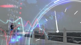 Woman jogging by ocean with financial data and clock animation overlay. Fitness, analytics, time, health, exercise, running - Powered by Shutterstock - Get 15% off with code: PIKWIZARD15