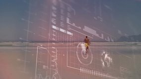 Person walking on beach with digital data processing animation overlay. Technology, innovation, visualization, futuristic - Powered by Shutterstock - Get 15% off with code: PIKWIZARD15