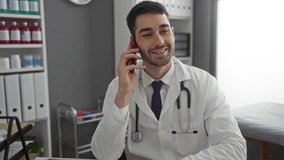 Young male doctor in a white coat with a stethoscope smiles while talking on a smartphone in a hospital office. - Powered by Shutterstock - Get 15% off with code: PIKWIZARD15