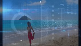 Woman stretching on beach with digital data processing animation overlay. Technology, fitness, wellness, exercise, analytics, innovation - Powered by Shutterstock - Get 15% off with code: PIKWIZARD15