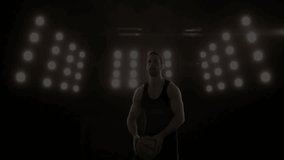 Person raising arms with digital network animation over stage lights in background. Technology, innovation, communication, connectivity, networking, abstract - Powered by Shutterstock - Get 15% off with code: PIKWIZARD15