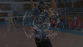 Volleyball players in gym with digital network connections animation overlay. Sports, teamwork, technology, networking, connectivity, athletes - Powered by Shutterstock - Get 15% off with code: PIKWIZARD15