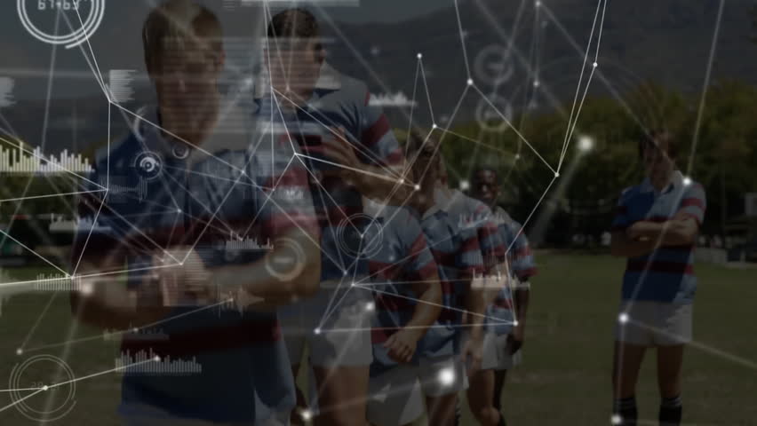 Rugby players in action, data processing animation overlay in background. Sports, teamwork, competition, technology, digital, statistics - Powered by Shutterstock - Get 15% off with code: PIKWIZARD15