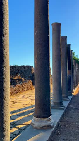 Ruins of the ancient Roman port city of Siedra in Alanya, Antalya, Turkey. The street and ruins of the ancient abandoned ancient city of Siedra on the Mediterranean coast. 4К