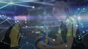 Network connections and data processing animation over volleyball players in gym. Technology, digital, overlay, sports, connectivity, teamwork - Powered by Shutterstock - Get 15% off with code: PIKWIZARD15