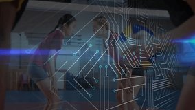 In school, animation of volleyball players serving with digital interface overlay. Sports, technology, teamwork, interactive, competition - Powered by Shutterstock - Get 15% off with code: PIKWIZARD15