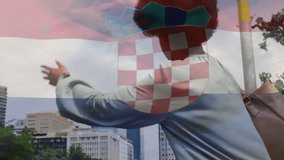 Walking in city, person with Croatian flag animation overlaying scene. Urban, patriotism, national pride, tourism, landmark, travel - Powered by Shutterstock - Get 15% off with code: PIKWIZARD15