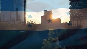 Honduras flag overlaying cityscape with modern buildings and park at sunset animation. skyline, urban, metropolis, architecture, landscape, central america - Powered by Shutterstock - Get 15% off with code: PIKWIZARD15