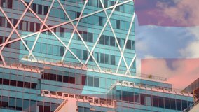 Animation of geometric patterns on modern building facade with abstract clouds. Architecture, design, contemporary, urban, futuristic, visual - Powered by Shutterstock - Get 15% off with code: PIKWIZARD15