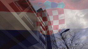 Croatian flag animation overlaying modern buildings against cloudy urban sky. Cityscape, skyline, metropolitan, architecture, national, symbolism - Powered by Shutterstock - Get 15% off with code: PIKWIZARD15