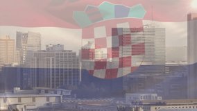 Croatian flag and coat of arms animation over cityscape with modern buildings. Travel, urban, architecture, skyline, landmarks, European - Powered by Shutterstock - Get 15% off with code: PIKWIZARD15