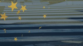 Crossing street, person with animation of golden stars overlaying scene. Urban, surreal, creative, digital, effects, cityscape - Powered by Shutterstock - Get 15% off with code: PIKWIZARD15