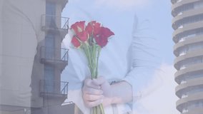 Smelling red roses, woman with building and sky animation in background. Flowers, nature, surreal, fantasy, floral, dreamlike - Powered by Shutterstock - Get 15% off with code: PIKWIZARD15