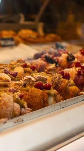A variety of fresh, golden croissants and pastries are displayed in a bakery showcase. The croissants are topped with colorful fruits and cream, inviting customers to indulge in these delicious treats