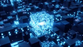 Glowing technology cube radiates text elements, technology cube chip rotation animation, Future high-tech big data technology Internet of things, AI and 5G network communication technology. - Powered by Shutterstock - Get 15% off with code: PIKWIZARD15