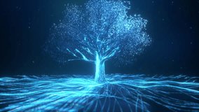 Technology particle lines entwine and flow on the tree, high-tech tree light flows, tech tree holographic projection. Beautiful particle trees rotating growth stage background. - Powered by Shutterstock - Get 15% off with code: PIKWIZARD15