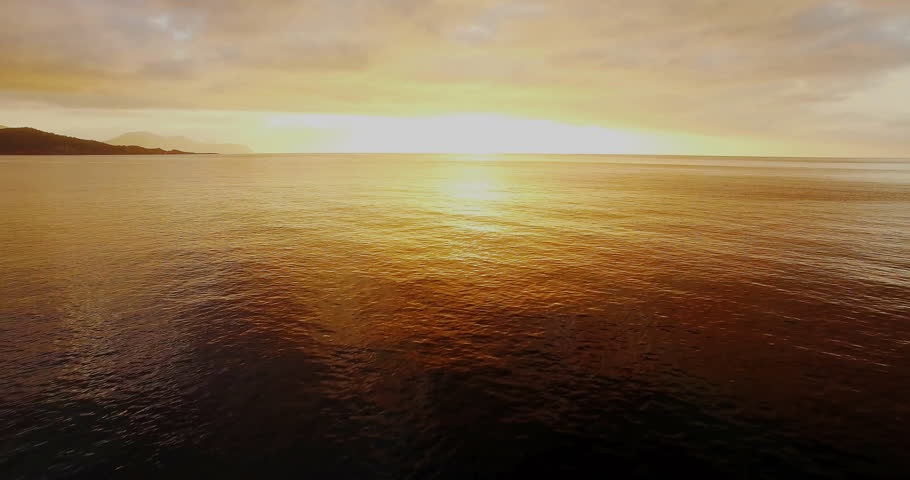 Digital interface icons floating over ocean at sunset in animation scene. Technology, innovation, futuristic, virtual, concept