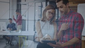 Discussing tablet data, business professionals using futuristic digital animation overlay. Technology, innovation, collaboration, teamwork, data analysis, digital transformation - Powered by Shutterstock - Get 15% off with code: PIKWIZARD15