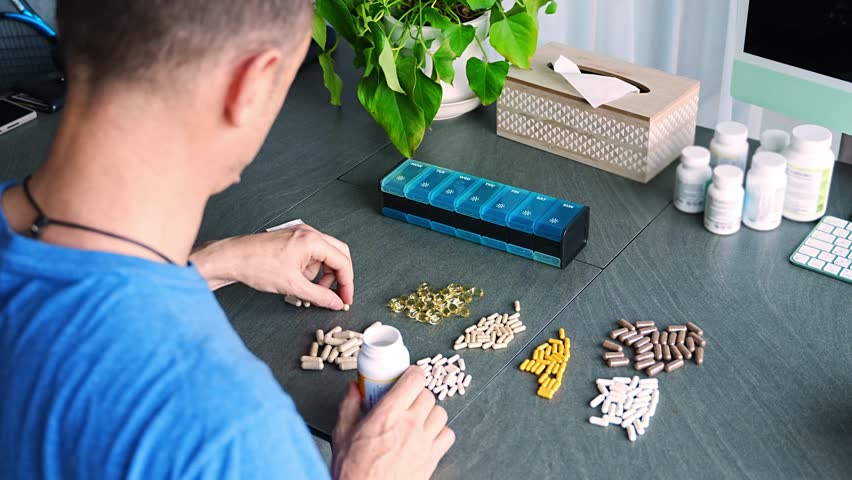 Man sorting his pills and supplements into a weekly pill organizer. Concept of medication management and daily health routine. High quality 4k footage
