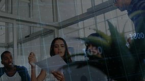 Discussing documents, business team with data processing animation overlay in office. Teamwork, collaboration, corporate, analytics, meeting, strategy - Powered by Shutterstock - Get 15% off with code: PIKWIZARD15