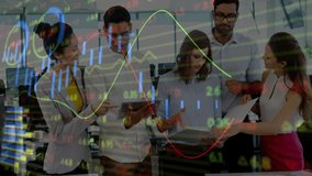 Business team collaborating in office with financial data charts and animation overlay. Collaboration, teamwork, analytics, finance, strategy, technology - Powered by Shutterstock - Get 15% off with code: PIKWIZARD15