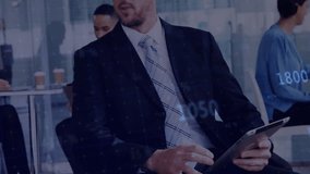 Discussing financial graph with animation overlay, business professionals in office meeting. finance, analytics, corporate, teamwork, collaboration, strategy - Powered by Shutterstock - Get 15% off with code: PIKWIZARD15