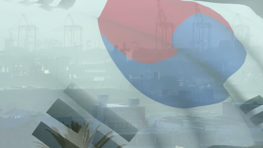 South Korean flag waving over industrial port with cranes and buildings. Industry, logistics, trade, shipping, transportation, harbor