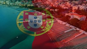 Animation of Portuguese flag overlaying aerial view of coastal city with beach. Portugal, seaside, national, tourism, destination, travel - Powered by Shutterstock - Get 15% off with code: PIKWIZARD15