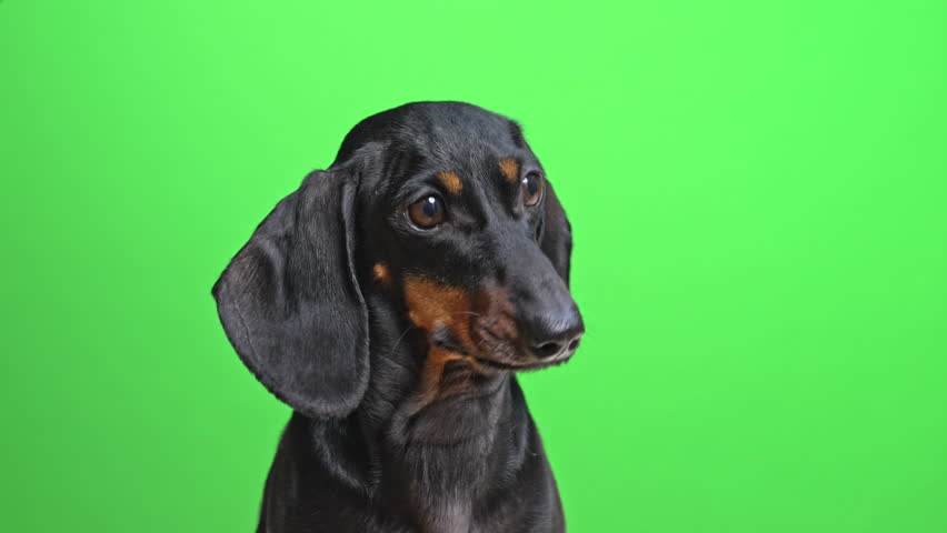 A black and tan dachshund poses in a close-up portrait with a curious head tilt and wide eyes against a bright green background in a controlled studio environment