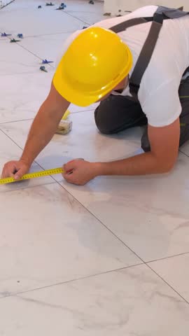 A Skilled Worker Measuring Floor Tiles with Great Precision and Attention to Detail