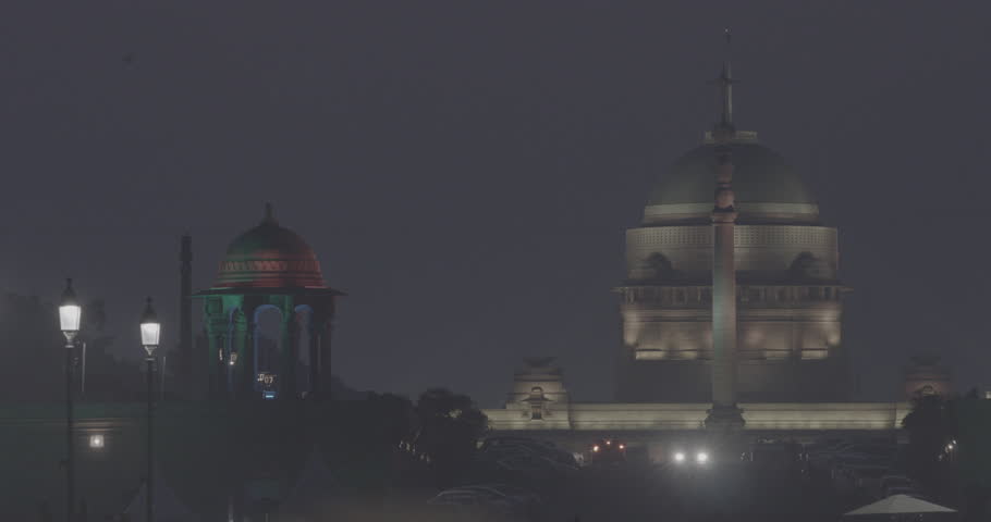 New Delhi, Delhi, India. Close up of Rashtrapati Bhavan, Viceroys House, official residence Presidential Palace in Kartavya Path, Rajpath Area. Rashtrapati Bhavan in evening night illumination lights