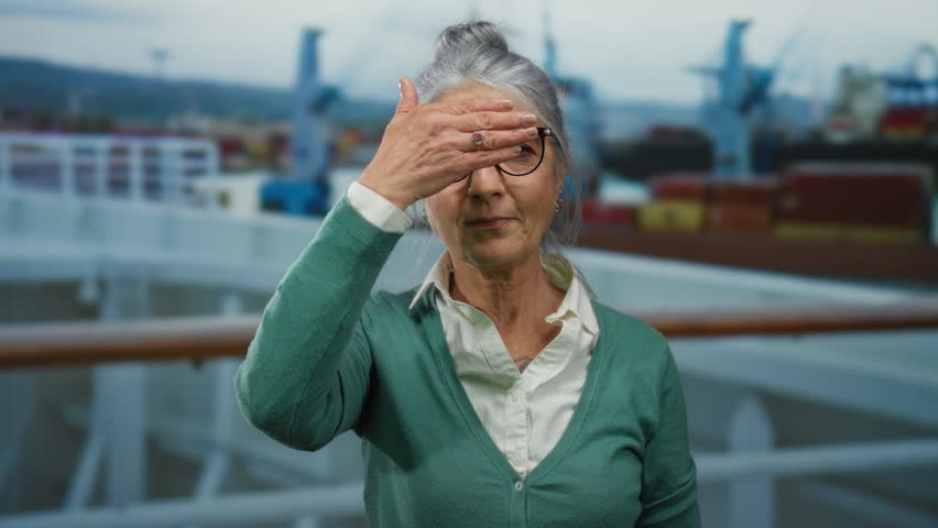 Senior woman with grey hair on boat at seaside port, smiling with one hand covering face against industrial backdrop.