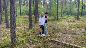 Grandmother and granddaughter holding hands, walking on a log in a forest, carrying wicker baskets - Powered by Shutterstock - Get 15% off with code: PIKWIZARD15
