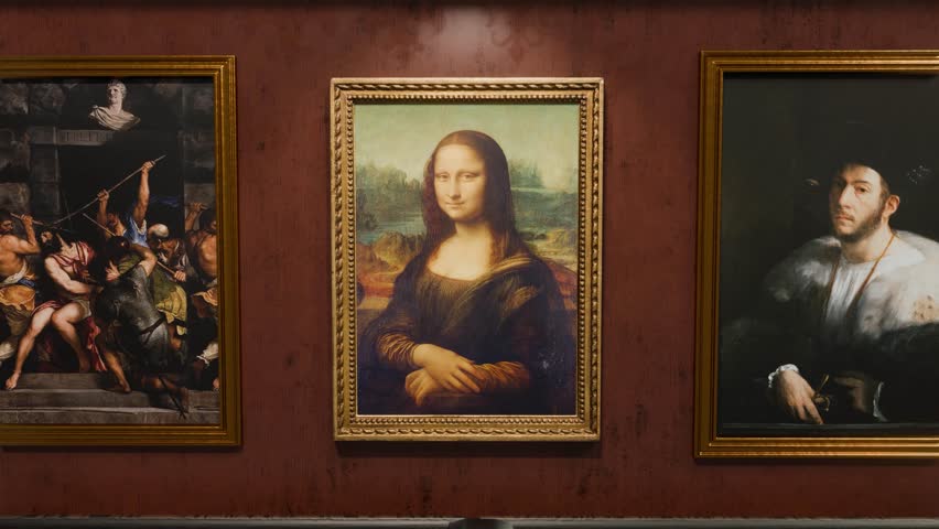 3D animation showing the camera zooming out from the Mona Lisa as it hangs among other paintings