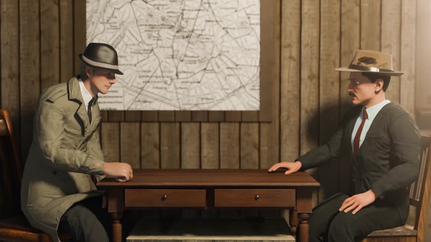 3D animation showing two men sitting at a table as the camera gradually moves downward