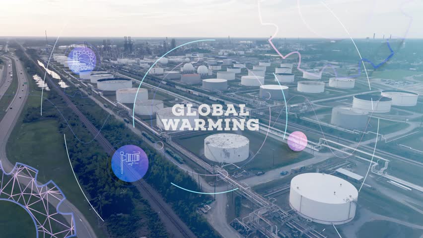 Global Warming graphic overlay over drone video of a oil refinery in Louisiana.