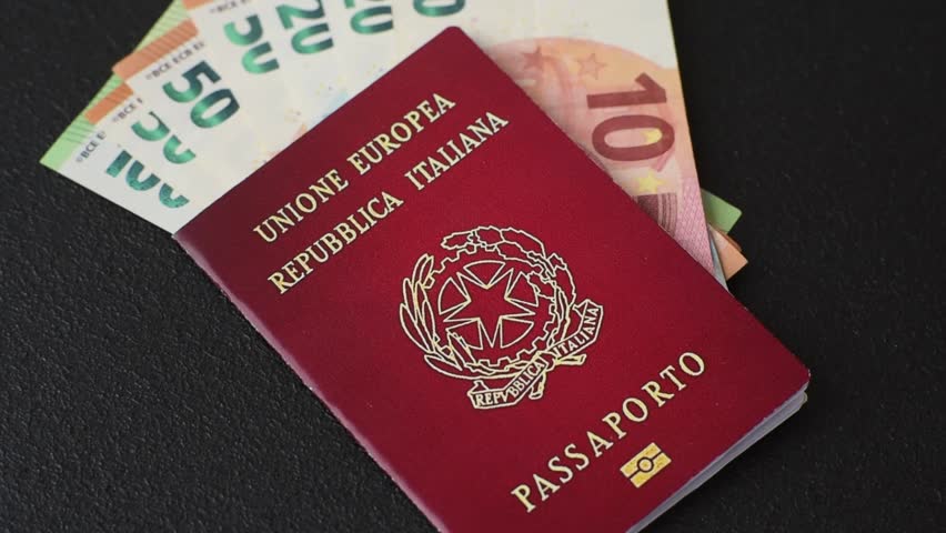 Italian citizen passport against the background of the national flag of Italy as a background for your design