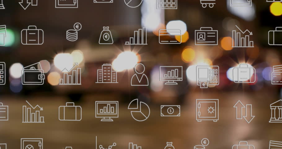 Animation of financial icons over city lights, symbolizing economic growth and activity. Economy, finance, urban, development, prosperity, investment