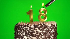 Lighting candles on Chocolate birthday cake on green chroma key background with number eighteen golden candles. Celebration Birthday cake for 18 years. Copy space - Powered by Shutterstock - Get 15% off with code: PIKWIZARD15