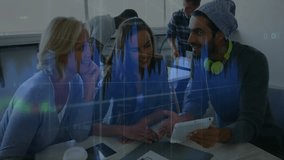 Diverse group discussing over tablet with stock market data animation overlay. Finance, teamwork, collaboration, analysis, technology, brainstorming - Powered by Shutterstock - Get 15% off with code: PIKWIZARD15