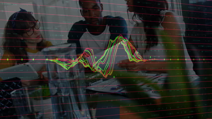 Business team analyzing financial graphs with data processing animation overlay. teamwork, analysis, finance, strategy, innovation, success - Powered by Shutterstock - Get 15% off with code: PIKWIZARD15