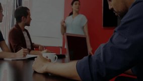 In office, financial data charts overlaying business meeting with animation. finance, teamwork, analytics, presentation, technology, collaboration - Powered by Shutterstock - Get 15% off with code: PIKWIZARD15