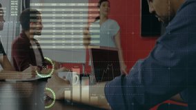 Business meeting with data analytics animation overlaying diverse team discussion. Teamwork, collaboration, brainstorming, strategy, technology, corporate - Powered by Shutterstock - Get 15% off with code: PIKWIZARD15