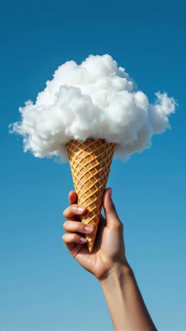 A hand holding an ice cream cone with a cloud on top. Scene is lighthearted and playful