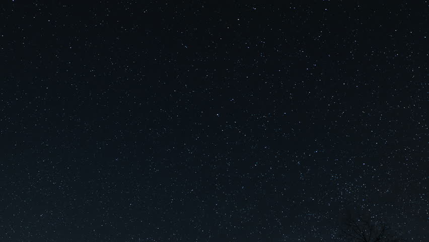 Time lapse of Starry night sky, A clear view of the night sky filled with countless stars, with the silhouette of a tree barely visible in the bottom right corner