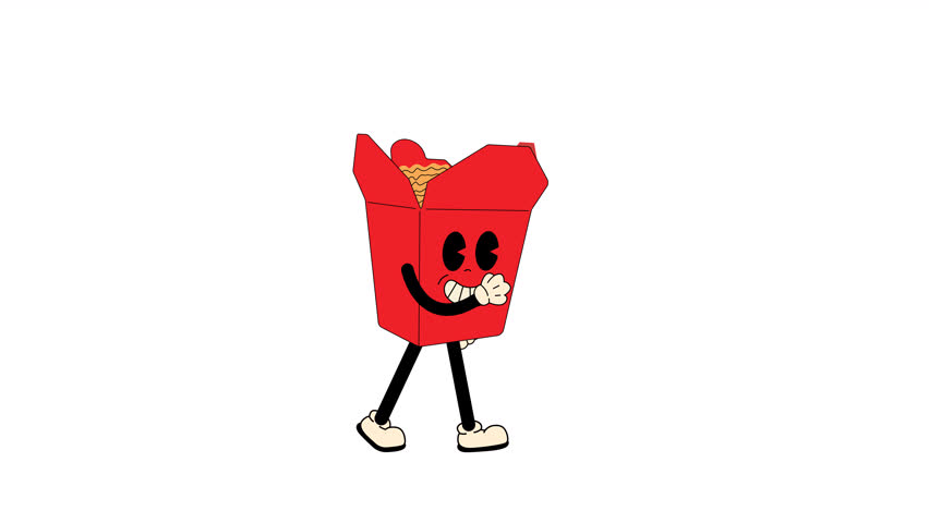 Groovy retro cartoon red wok box with ramen noodles walking in a seamless loop animation, 70s-inspired with transparent background.