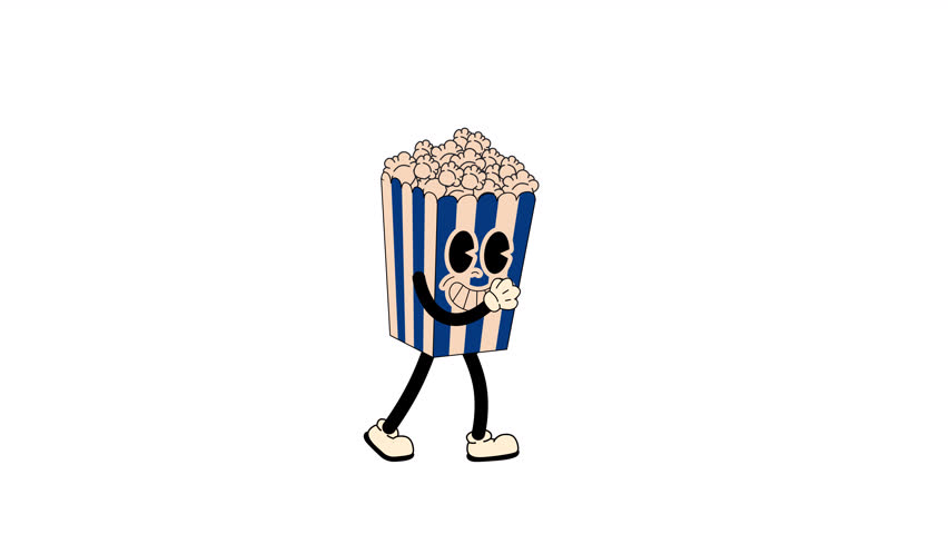 Groovy retro cartoon Popcorn walking in a seamless loop animation, 70s-inspired with transparent background